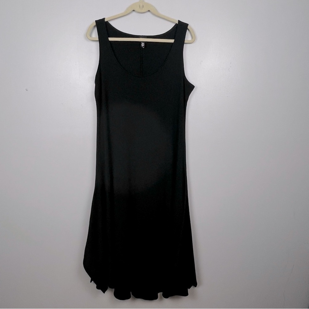 Eileen Fisher black 100% wool knit angled hem sleeveless dress, size large.